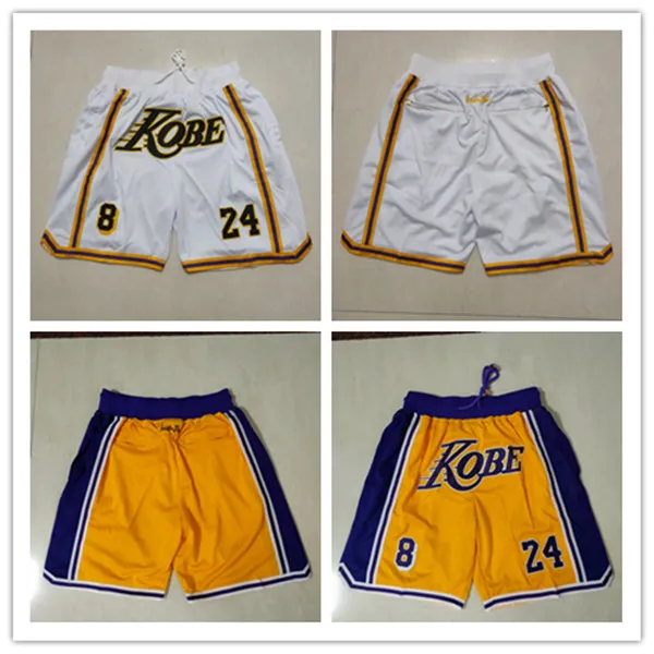 Nuovi pantaloncini Kobe 8 24 Pantaloncini da basket Tasca con cerniera Giallo Bianco Bryant Taglia S-XXL Appena fatto