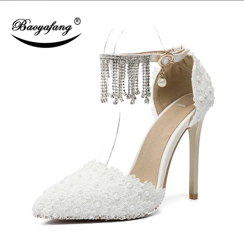 Dress Shoes BaoYaFang11cm Super Heels Woman Buckle Fringe Shoe Ankle Strap Sweet White Lace Pointed Toe Wedding