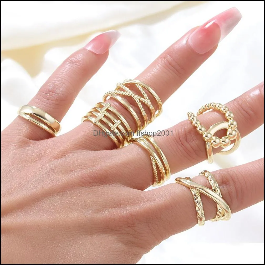 Anelli a fascia Strati Anello Knuckle in rame Curva geometrica Impilabile Temperamento Personalità Aperto Per le donne Finger Bagues Femme Party Jewe Dhl2Z