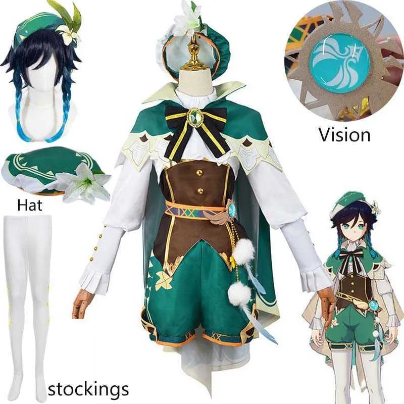 Anime Costumes Game Genshin Impact Venti Cosplay Come Dress Wig Headwear Cosplay Outfits God of Wind Barbato Full Set för Halloween Comic CN Z0301