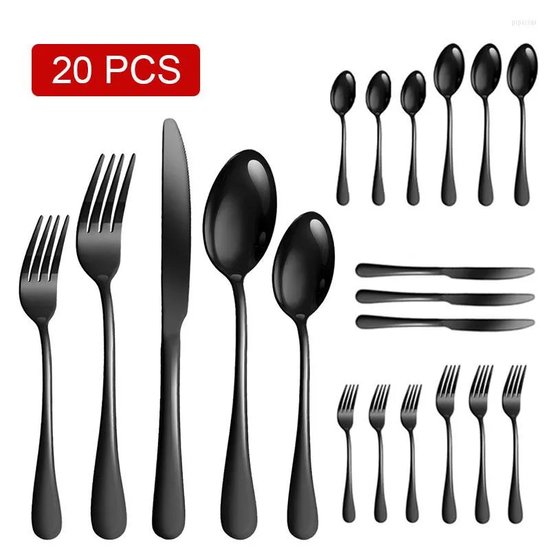 Geschirr-Sets, 20-teilig, schwarzes Geschirr, Besteck-Set, Edelstahl, Besteck, Gabel, Messer, Löffel, Restaurant, Zuhause, täglicher Besteck