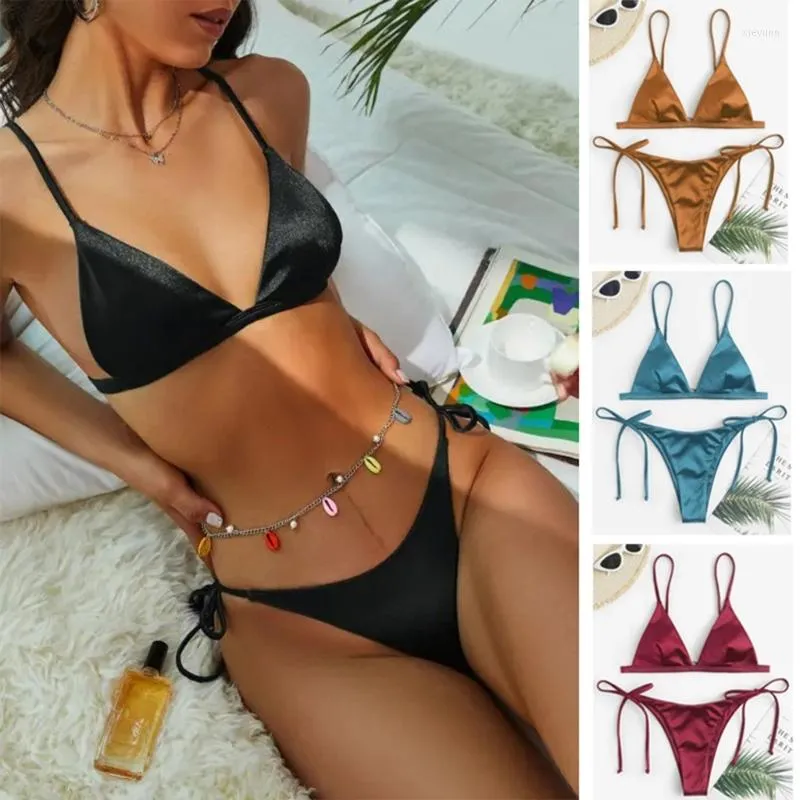 Roupa de banho feminina conjunto de biquíni feminino sexy gravata lateral triângulo-maiô sem costas maiô metálico duas peças para férias