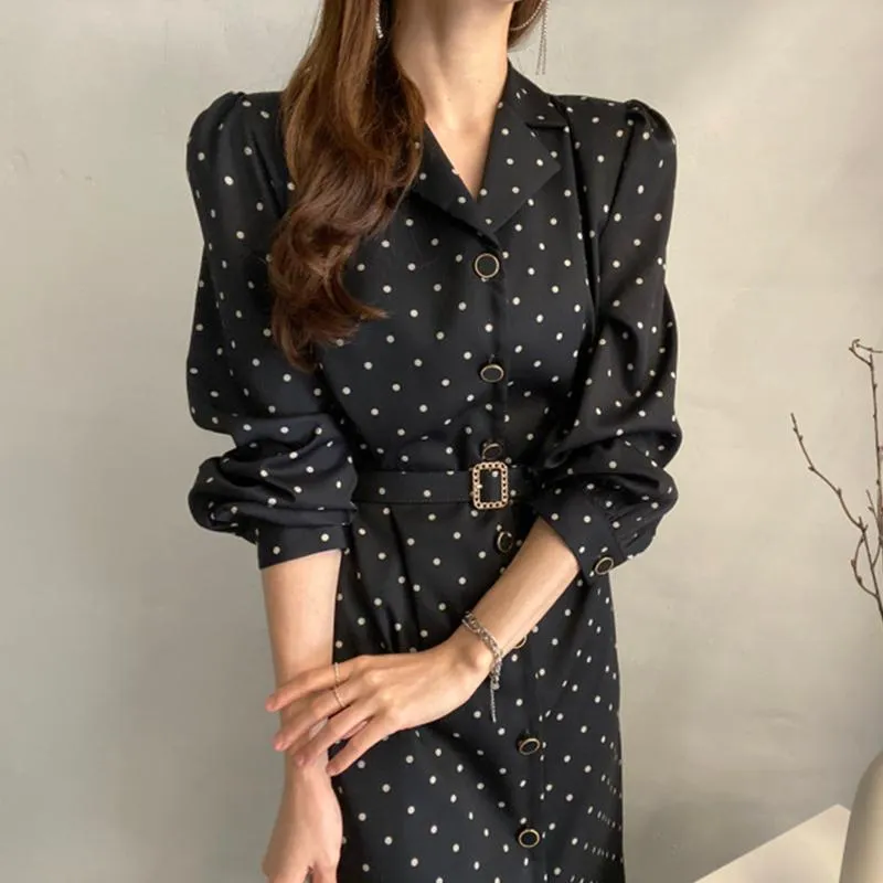 Casual Dresses Korean Fashion Elegant Temperament Suit Collar Single Breasted Waist Polka Dot Dress Long With Belt VestidosCasual