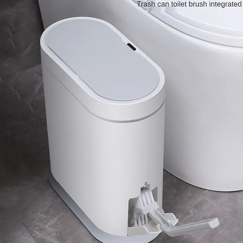 Бунки для отходов Умный датчик мусорной бак автоматический мусорная мусорная корзина для ванной комнаты. Домохозяйство с крышкой туалетной щеткой водонепроницаемой узкий шва мусор 230306