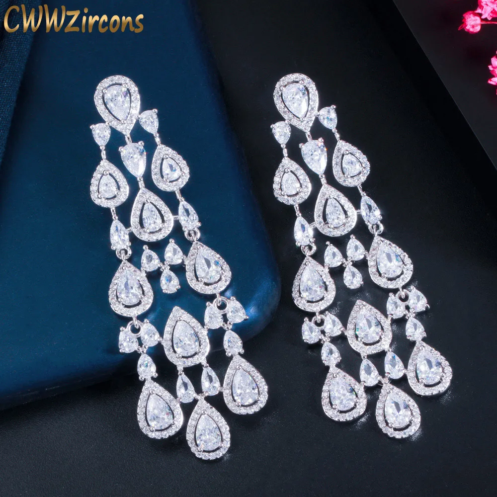 Ear Cuff CWWZircons Trendy Clear White Water Drop Cubic Zirconia Women Long Tassel Brazil Style Party Earring Brincos Bijoux Gift CZ816 230306