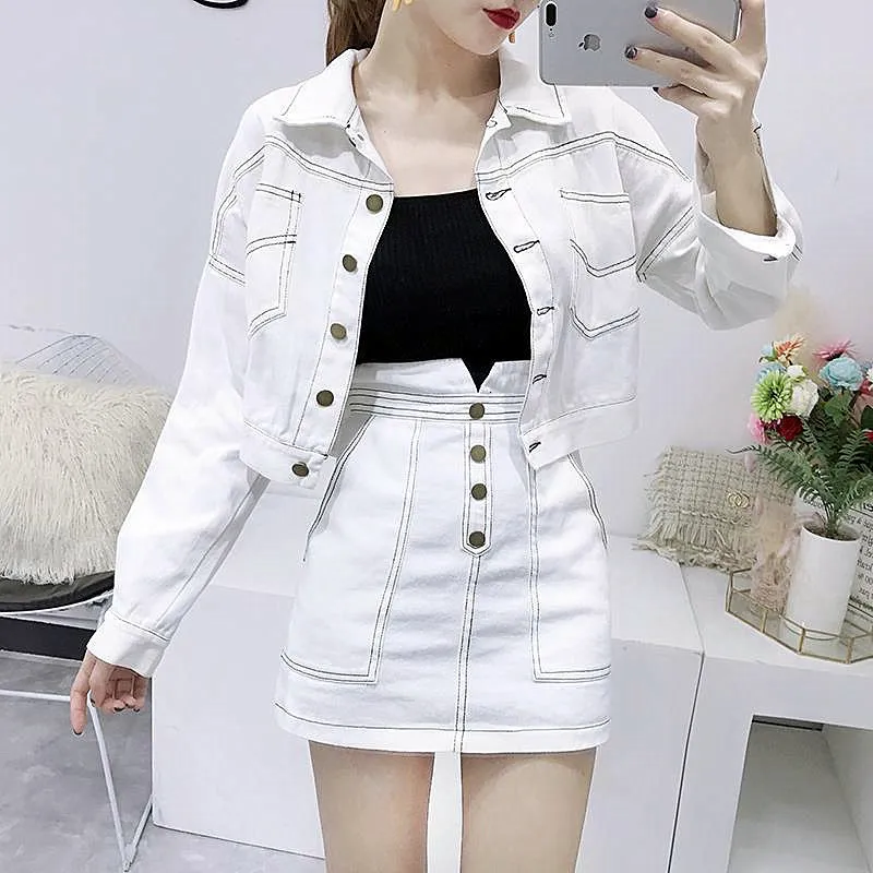 Deux pièces robe mode vêtements pour femmes ensemble à manches longues Jean vestes manteau jupe blanche deux pièces Denim costume mince décontracté dame VestidoCC297 230306