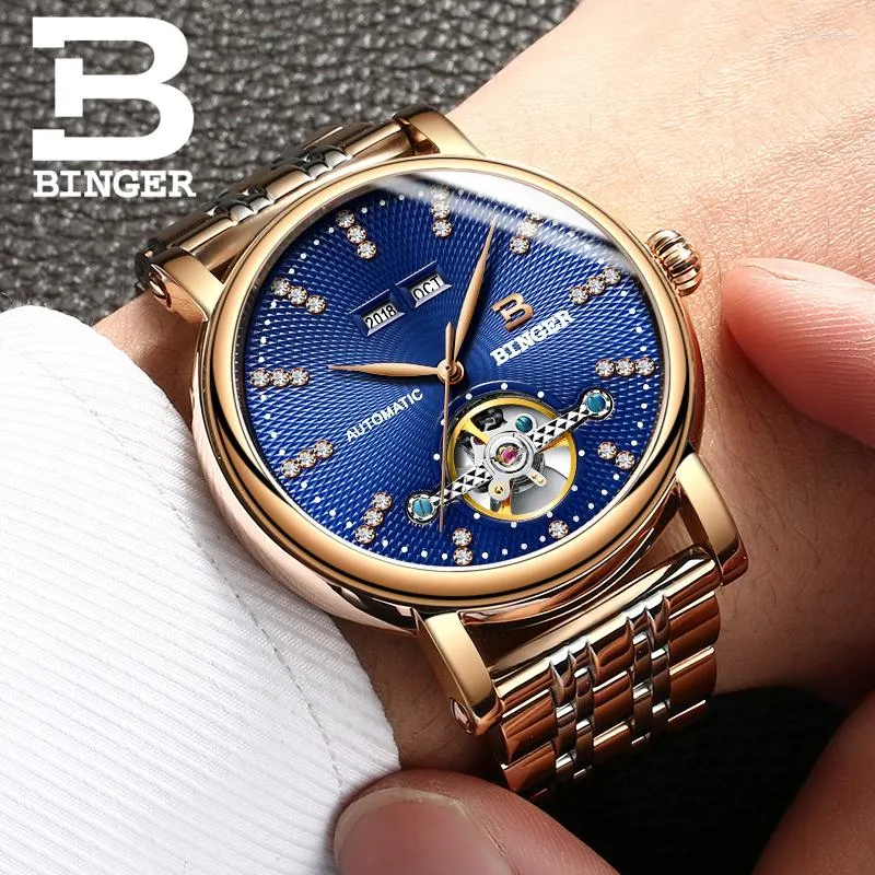 Relojes de pulsera Suiza BINGER Reloj para hombres Diamante de lujo Acero inoxidable completo Zafiro Calidad superior Relojes mecánicos para hombres B-1173-6