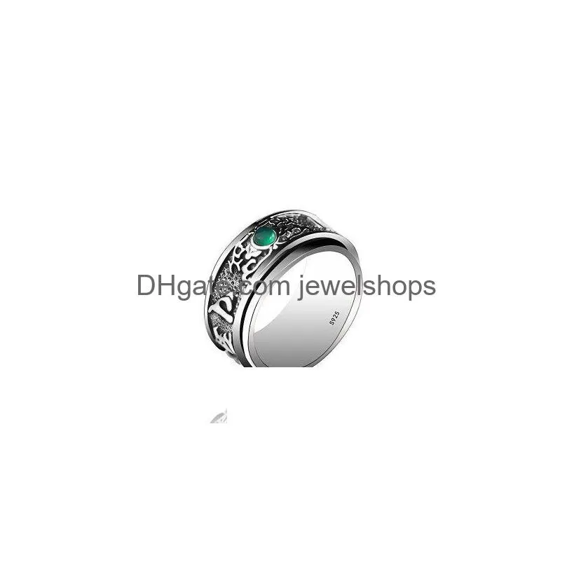 Band Rings 925 Sterling Sier Inlaid Chalcedony Buddhist Heart Sutra Rotatable Ring Buddha Drop Delivery Jewelry Dhocj
