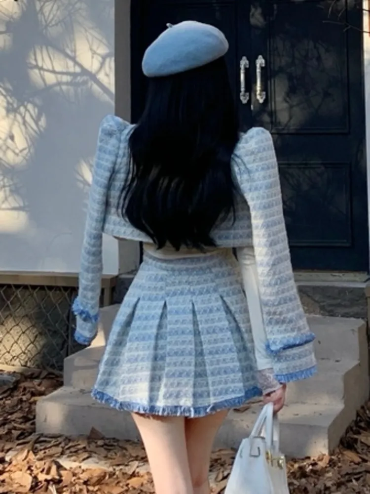Women's Tweed Two Piece Dress Set - Pink & Blue, Short Jacket & Skirt, High Quality Tassel, Korean Fashion, 2024 Winter Women's Tweed Two Piece Dress Set - Pink & Blue, Short Jacket & Skirt, High Quality Tassel, Korean Fashion, 2024 Winter