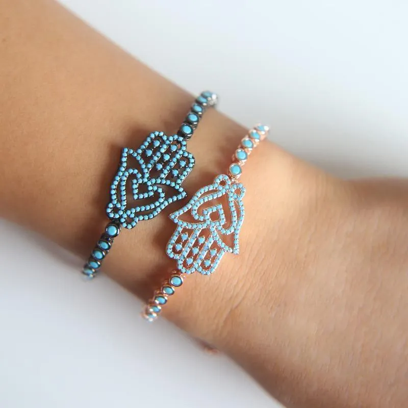 Armreif Schmuck Fabrik für Kupfer Mode Micro Pave Turquoses Hamsa Hand Connector Tennis Armband Frauen Großhandel1