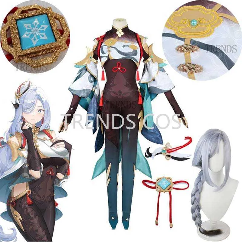 Anime Costumes Game Genshin Impact Genshin Impact Shenhe Cosplay Come Shenhe Jumpsuit Wig Shen He Genshin Battle Suits Cosplay Anime Outfits Z0301