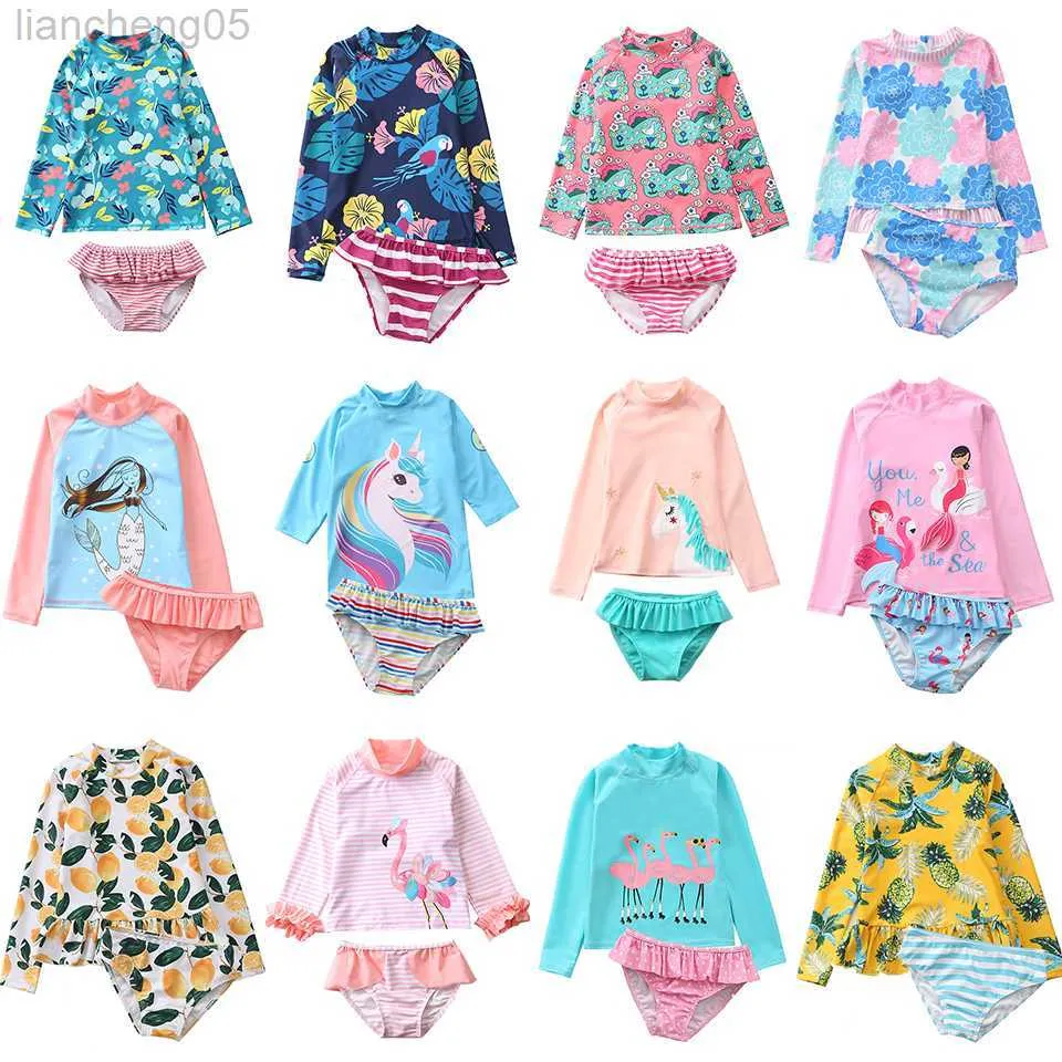 One-Pieces Swimsuit for Girls Two Piece Mermaid Swimwear Child Long Sleeves Toddler Infant Baby Girl Bathing Suit Rash Guard Kids W0310