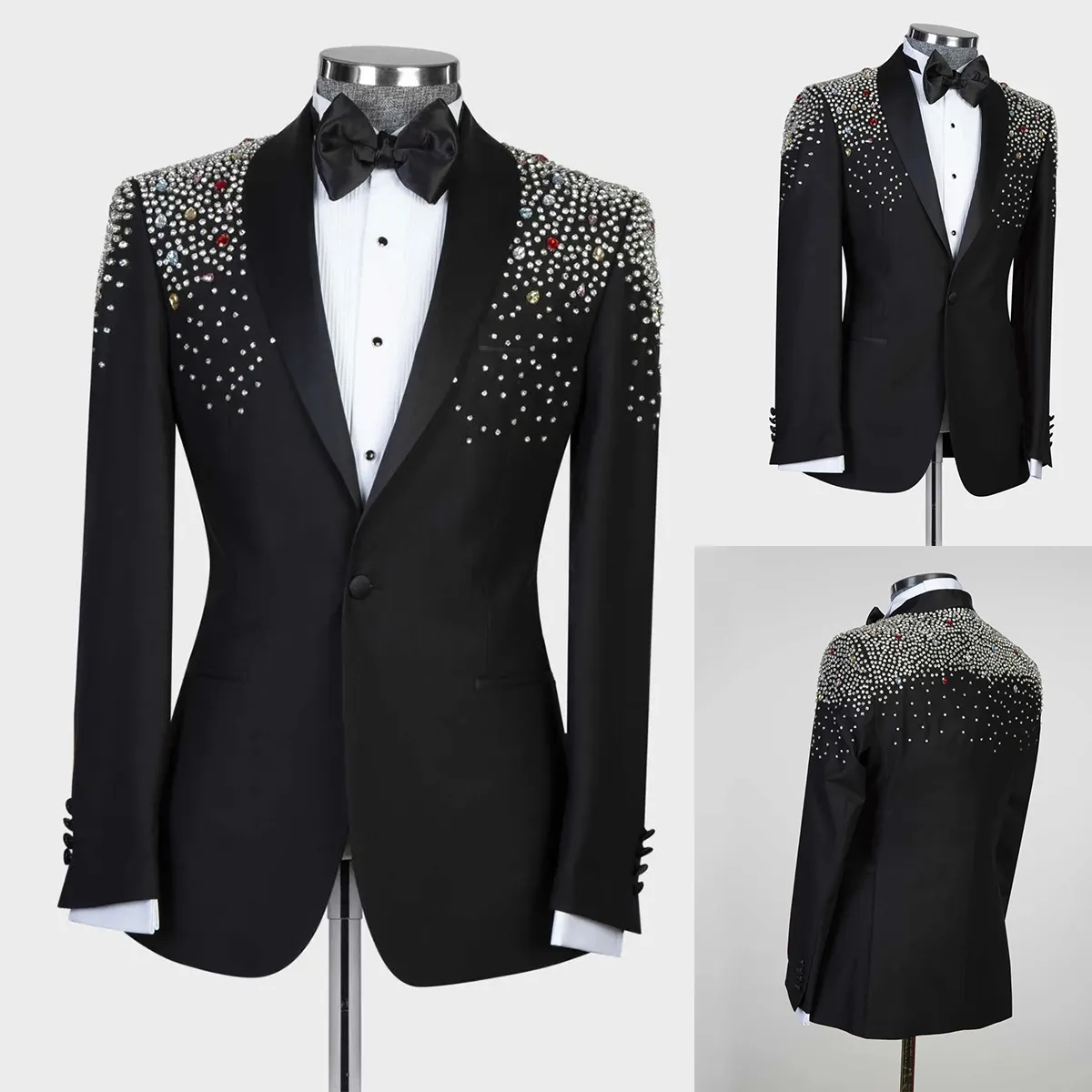 Slim Fit Crystal Beaded Mens Black Tie Wedding Tuxedo Tailored Groom