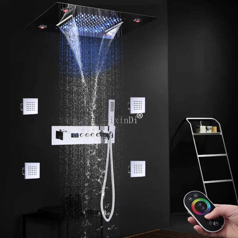 LED 샤워 시스템 20x15 인치 폭포 레인 샤워 머리 온도 전시 온도 조절 욕실 샤워 수도꼭지