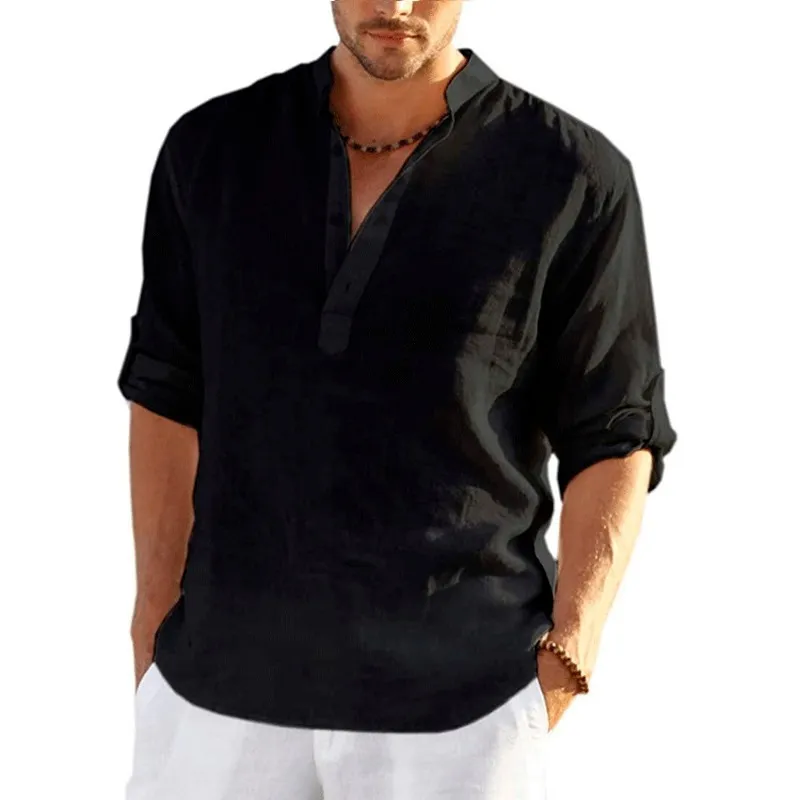 Camisas casuais masculinas de linho de manga comprida camisa de cor sólida casual manga longa camisa de linho de algodão tops tamanho S-5XL 230306