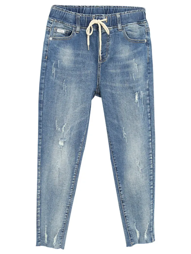 Kvinnors jeans Kvinnor Summer Autumn Baggy Elastic midja Jeans Korea Style Rippade byxor Kvinnlig 100 kg Löst harembyxor Tyg 230306