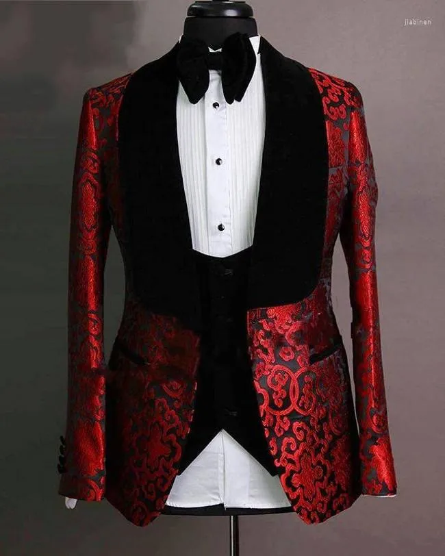 Erkekler Tarzı Burgundy Paisley Damat Smokin Şalları Lapel Erkek İş Balsası Parti Blazer Ceket (Ceket Pantolon Vest Kravat) Hayır: 2160