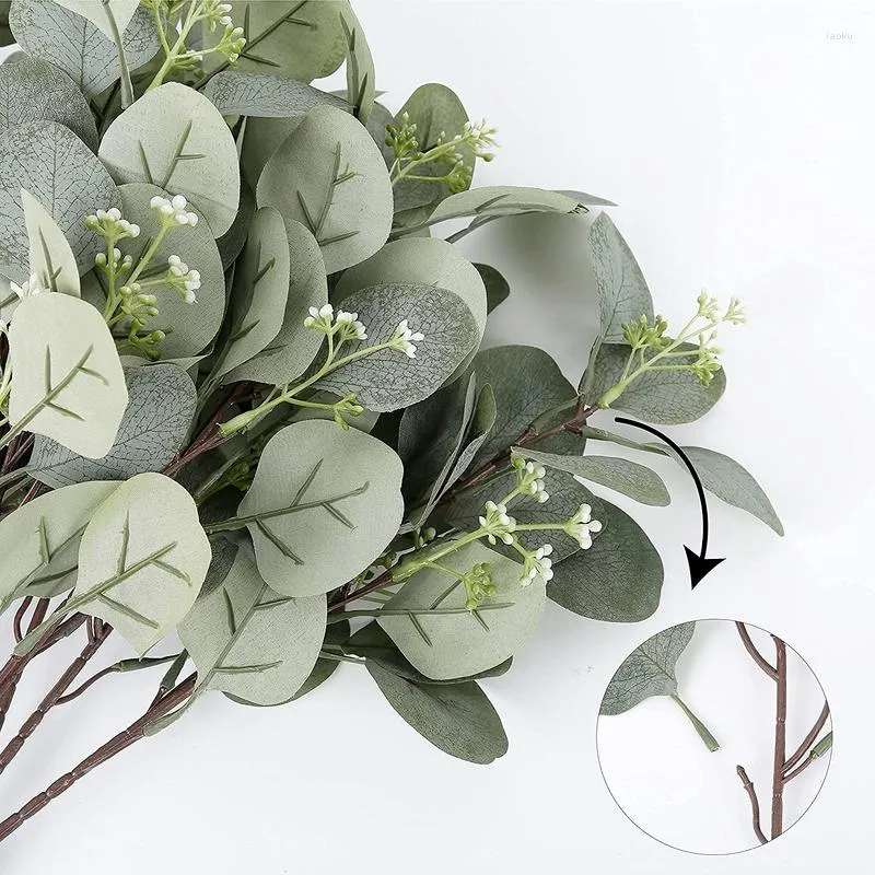 Decoratieve bloemen 12/24 stukken kunstmatige eucalyptus bladstelen met witte zaden groene boeket botanische bruiloft feestelijke decoratie