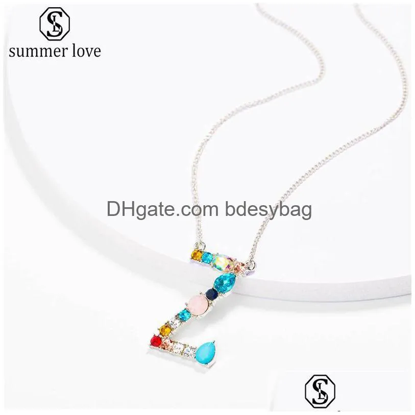 Pendant Necklaces Colorf Charm Sier Necklace Rhinestone Initial 26 Letter Couple Name Valentines Day Gift Wholesalez Drop Delivery J Dhnac