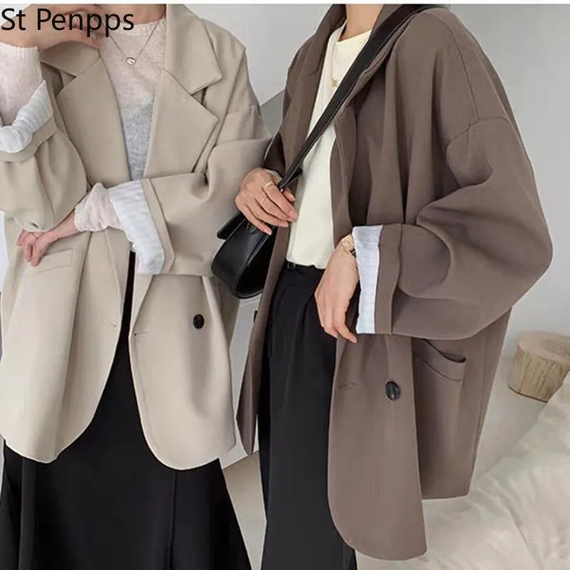 Kadınlar Suits Blazers Blazers Kadın Minimalist Katı Giyim Gevşek Gevşek Retro Resmi Moda Yüksek Sokak Kadınsı All Maç Bahar Rahat 230303