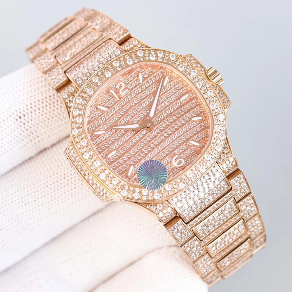نساء الماس الكامل مشاهدة الساعات الميكانيكية التلقائية سيدة Wristwatch حزام الفولاذ المقاوم للصدأ مقاوم للماء 35.2 مم Montre de Luxe