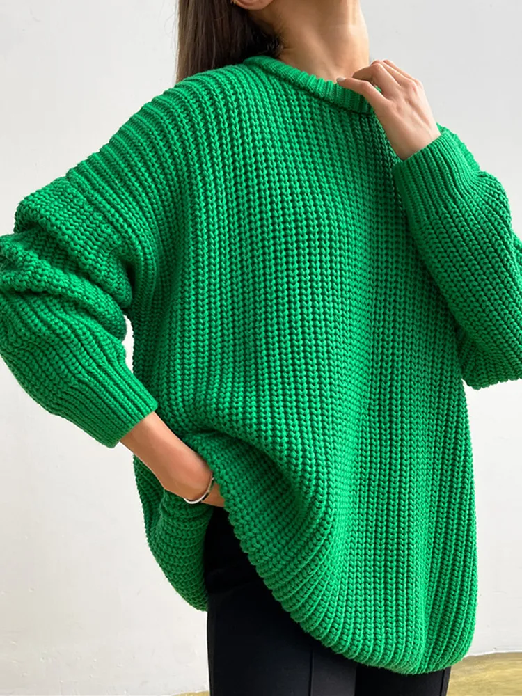 Женские свитера негабаритный свитер Женщины вязаные пуловерские дамы сплошные круглые шейные прыжки с длинным рукава