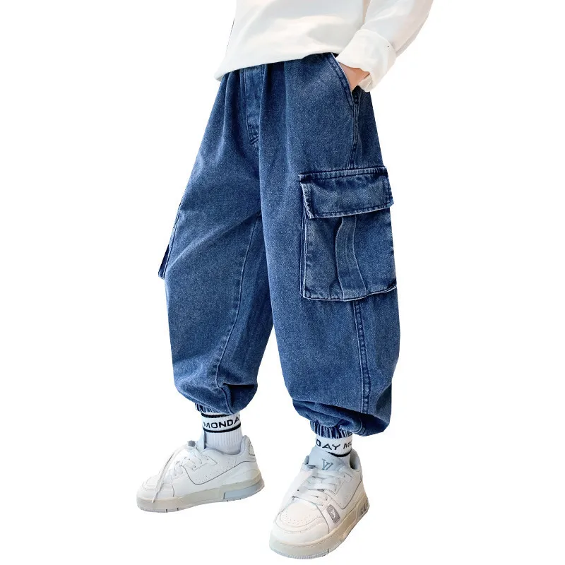 Jeans Spring Boy Cool Blue Blue Logo Delem Jeans calça de jeans para crianças Cargo Jeans jeans com bolso 5 7 9 11 13 14y 230306