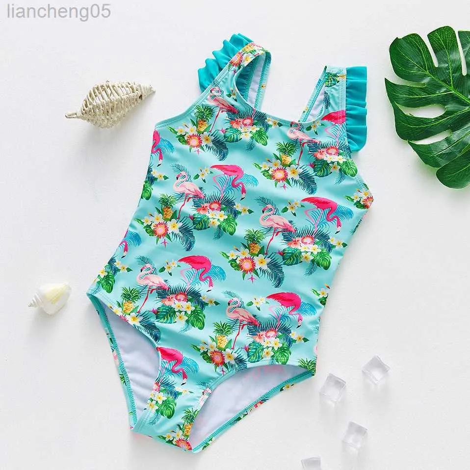 Einteiliges Kind Mädchen Bikini 2021 Badeanzug Casual Brief Drucken Bademode Runde Kragen Bodysuit Sommer Badeanzug Beachwear Kinder Biquini W0310