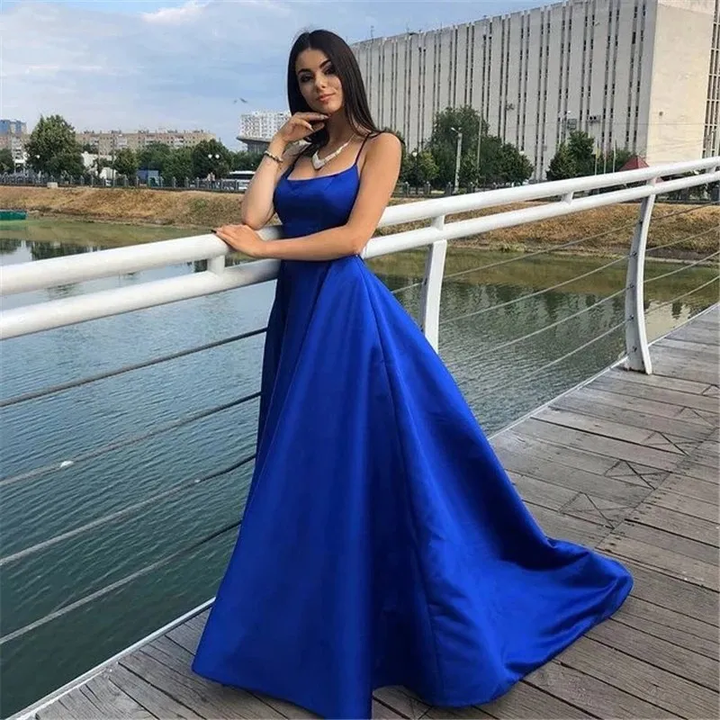 green emerald velvet dress ZAPAKA Women Satin Royal Blue Prom Dress with Slit A Line Spaghetti Straps Long Bridesmaid Dress, Royal Blue / US6 main image 0