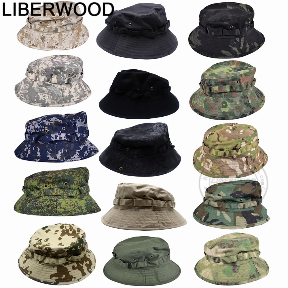 Chapéus de balde largura chapéus de balde Liberwood Boonie Hat Hat Tactical Bucket Hats para Safari Homens Mulheres caçando pescando camuflagem ao ar livre Camuflagem de algodão Sun Cap 230306