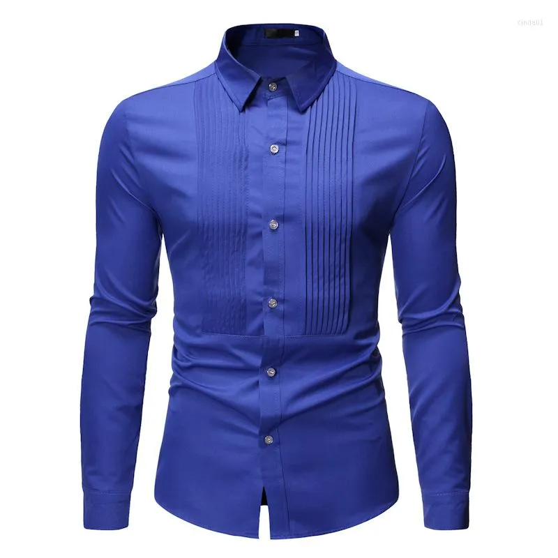 Camisas casuais masculinas azul real casamento smoking camisa masculina moda magro ajuste manga longa vestido de negócios chemise homme