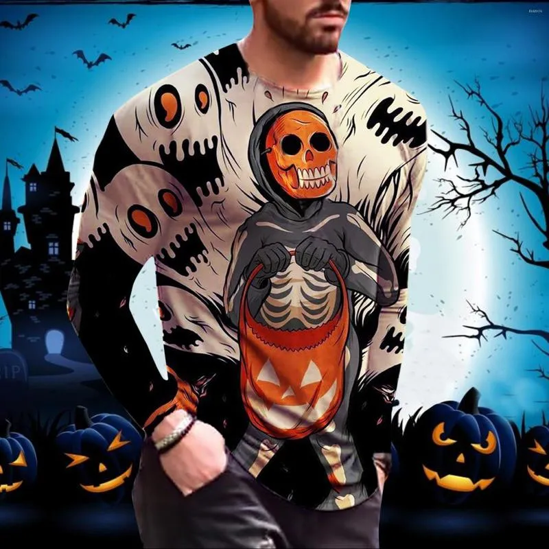 Camisetas masculinas de espessura para homens Halloween 3D Casual Halloween Manga longa Tops redonda Blusa de camiseta do pescoço