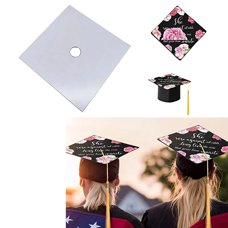 Party Gift SubliMation Blank MDF Graduation Cap Topper med klistermärke Anpassad DIY Fotoplattminnesminneslime Grad Hat Caps Tassel Toppers ensidig utskrift