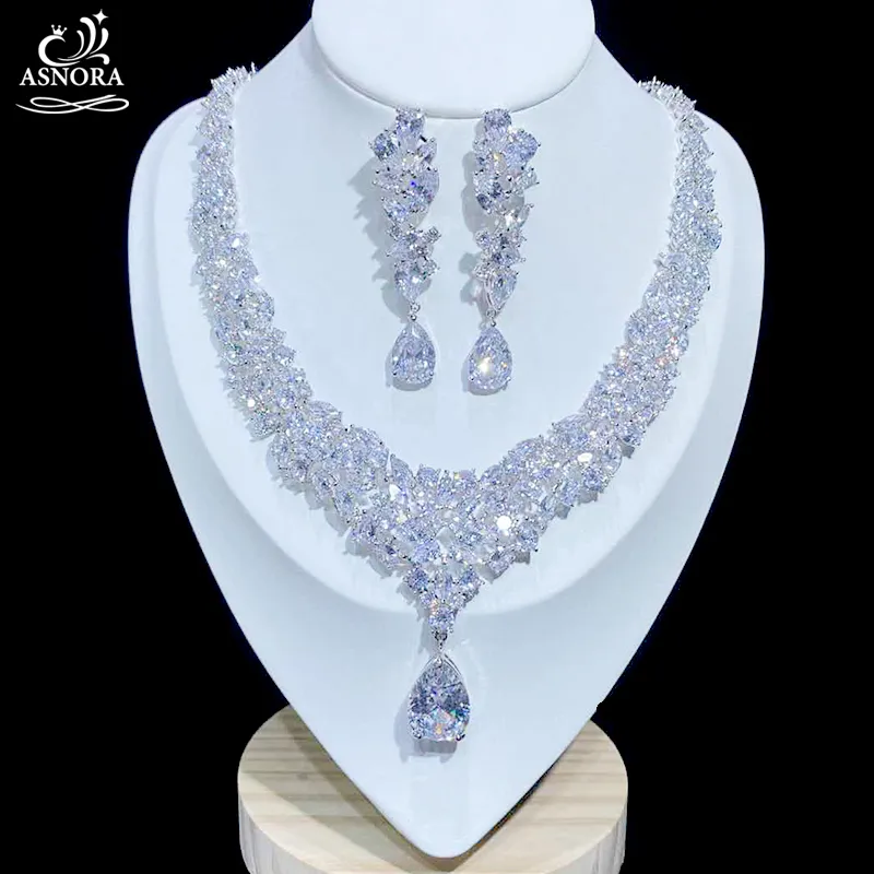 Wedding Jewelry Sets ASNORA Conjuntos de joyera nupcial lujo Zirconia cbica brillante collar boda pendientes accesorios para novias X0826 230306