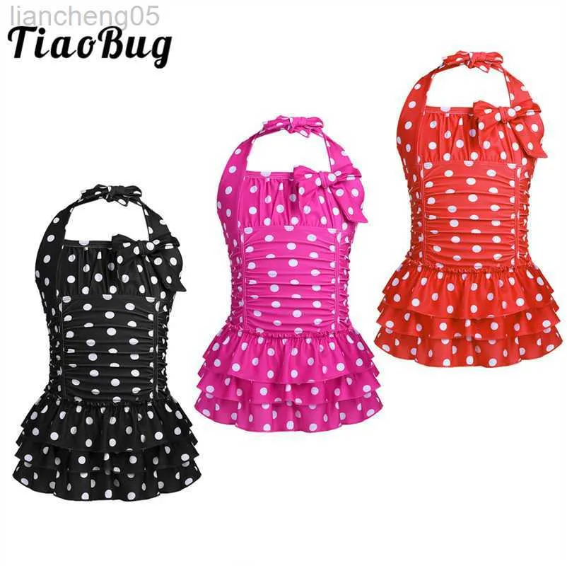 원 피스 Tiaobug Kids Teens 원피스 고삐 수영복 폴카 점은 ruched Tiered Swimwear Girls Beachwear Swimming Bodysuit Bathing Suit W0310