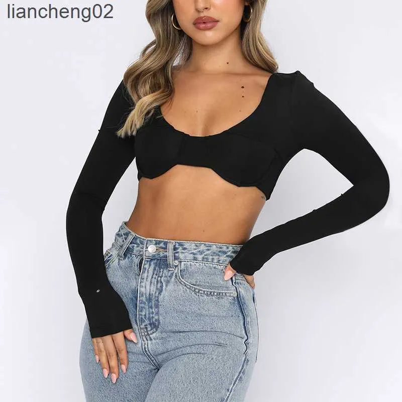 Frauen Strick T-Shirts Frauen Sexy Crop Tops Einfarbig Low Cut Langarm T-shirt zeigt Bauchnabel Clubwear W0306