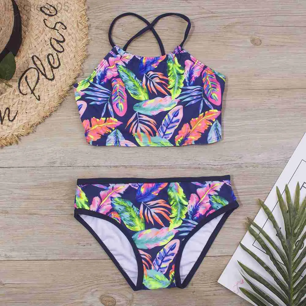 Endelar Feather Print Kids Girls Bikini Set 2022 New Bandage Children Swimsuit Summer Baby Two Piece badkläder Biquini Infantil A298 W0310