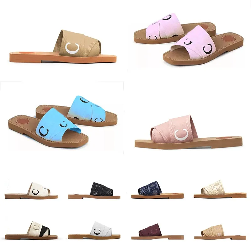 Woody Sandals Mules Flat Slides Light Tan Beige White Black Pink Blue Beown Lace Lettering Fabric Canvas Women Summer Outdoor Beach Slippers Storlek 35-42