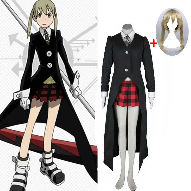 Anime Kostüme 6 STÜCKE Soul Eater Maka Albarn Cosplay Kommen für Frauen Mädchen Rock Set Trench Uniform Halloween Karneval Party Kommen Blonde Perücke Z0301