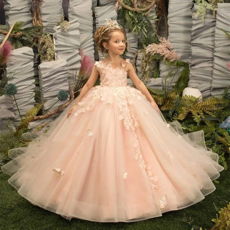 Abiti da ragazza Peach Flower Tulle Abito da ballo in pizzo Lunghezza Princess Birthday First Communion Dress