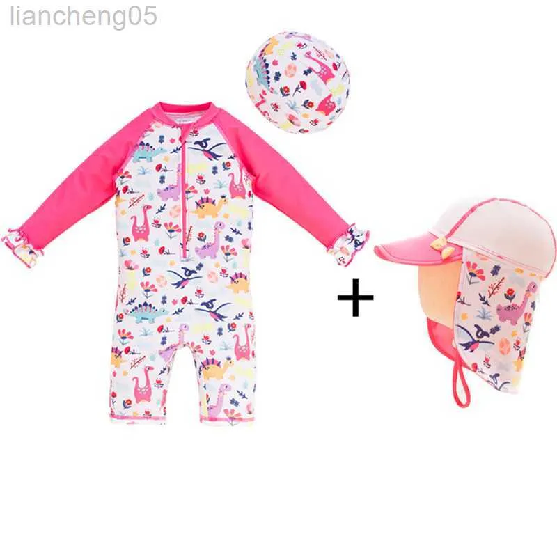 One-Pieces 1-6 Anni Neonate Costume da Bagno Protezione Solare Cap Set Maniche Lunghe Costume da Bagno Intero per Bambini Toddler Cartoon Girls Nuoto W0310