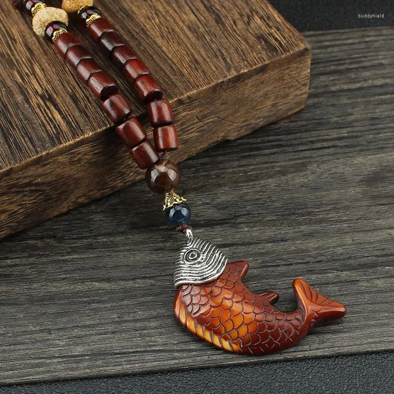 Pendentif Colliers Bouddhiste Mala Bois Perlé Poisson Collier Longue Déclaration Pull Vintage Talisman Ethnique Népal