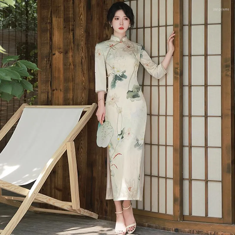 Optimized Product Title Elegant Lotus Print Chinese Traditional Vintage Qipao Dress For Women Slim Fit Cheongsam For Modern Weddings And Ethnic Occasions From Pangxiemo 30.8 DHgate.Com
