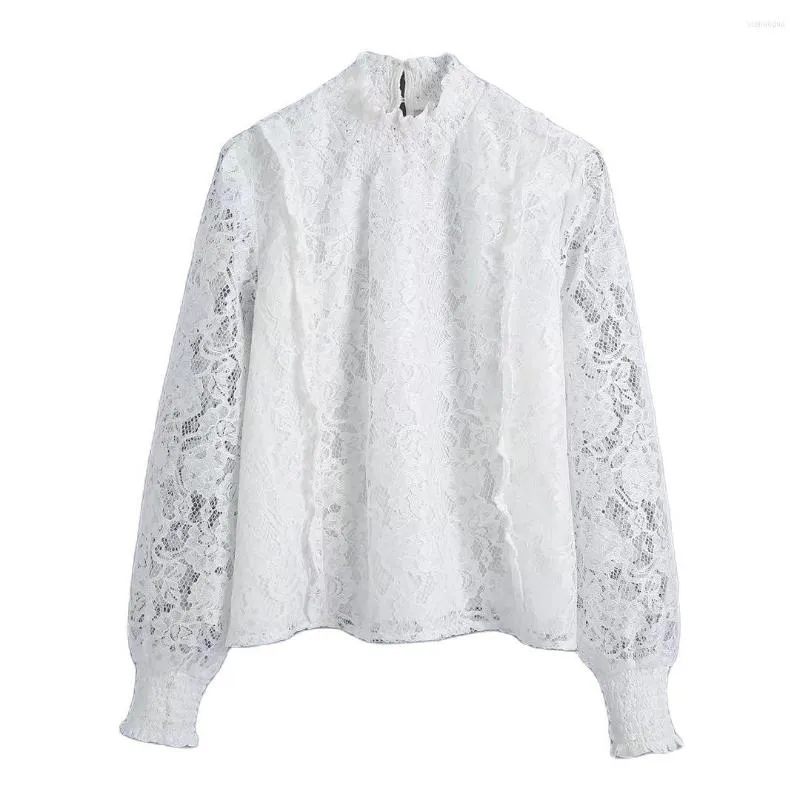 Women's Blouses Merodi Womens Spring Autumn Ruffles High Collar White Lace Blouse Stylish Lady Cascade Hollow Out Tops Grils Casual Shirts