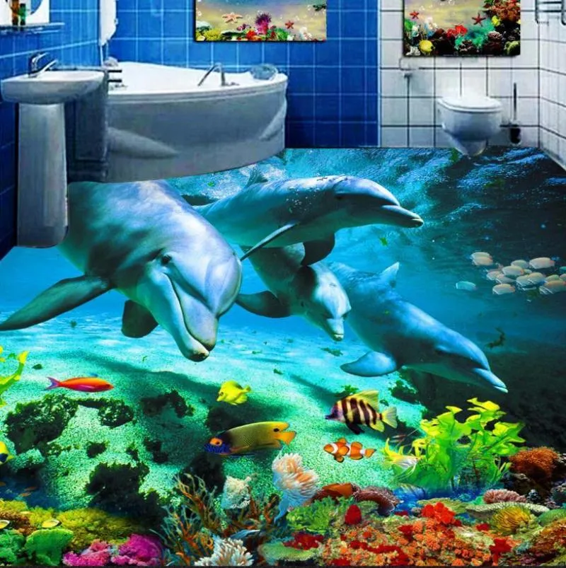Украшения обоев Дом 3D-этаж печатный морской мировой мир Dolphin PVC Полы водонепроницаемы