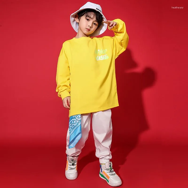 Abbigliamento da palcoscenico jazz danza abbigliamento giallo felpa giallo maglietta oversize pantaloni da strada ragazzi ragazze hip hop danza abiti da danza hip hop