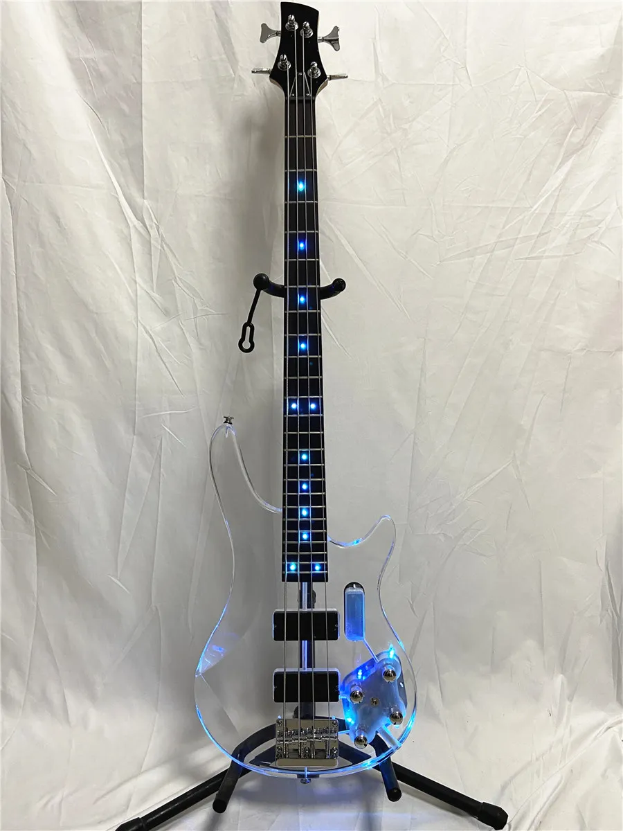 Kundenspezifischer, transparenter 4-Saiter-E-Bass aus Ultra-Kristall-Acryl, farbige LED-Leuchten, blinkende Ahorndecke