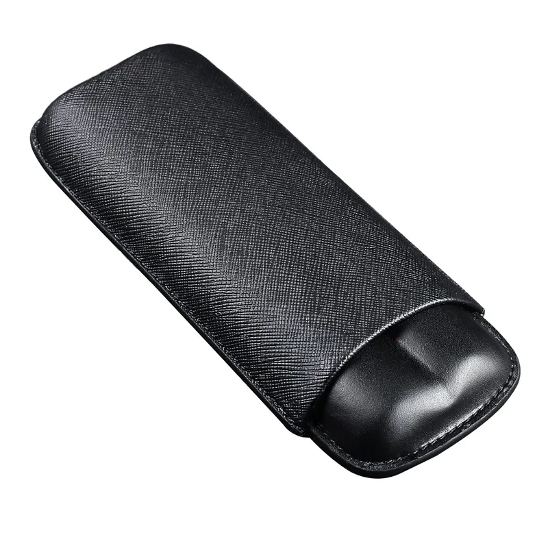 Black Humidor Cow Leather Travel Cigar Case 2 Tube Cigars Holder