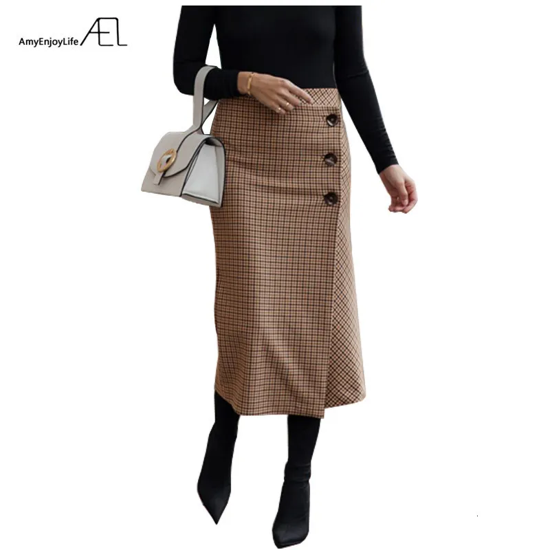 Skirts AEL Retro Female Hight Waist Asymmetry Woolen Midi Skirt Wrap Plaid Women Clothing Vintage Fashion Jupe Longue Femme Slim 230303