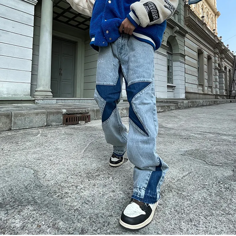 Men's Jeans Harajuku Stars Letter Embroidery Patchwork Straight Flare Pants Mens Retro Ripped Oversized Casual Denim Trousers 230306